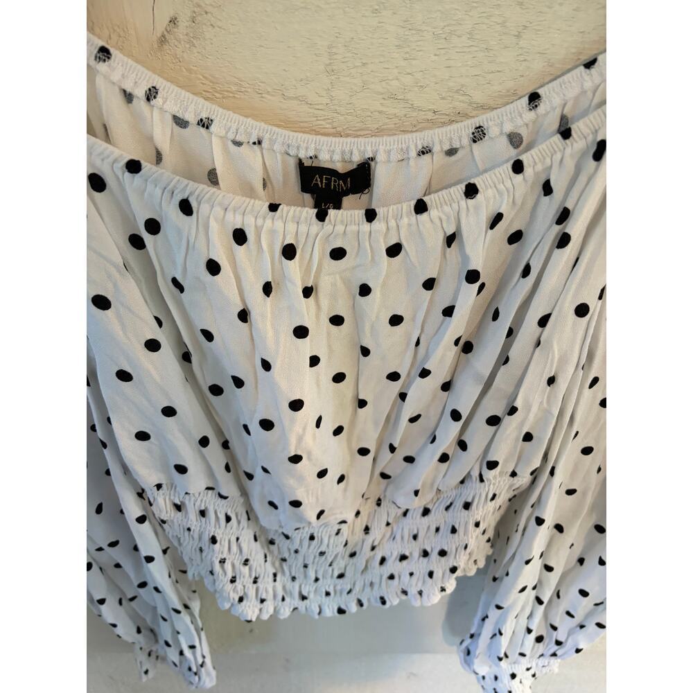 AFRM White & Black Polka Dot Smocked Crop Top Long Sleeve Blouse Large - Picture 5 of 8